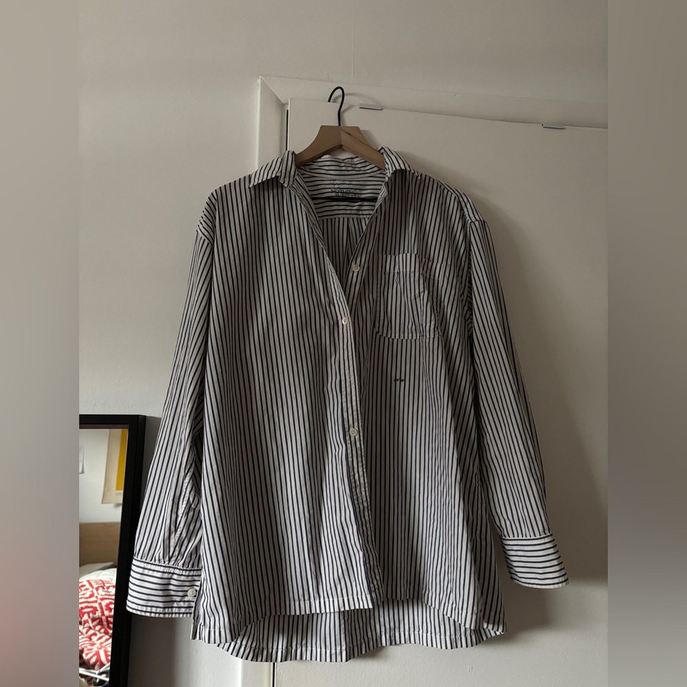 Women's Black and White Striped Button-Down Shirt